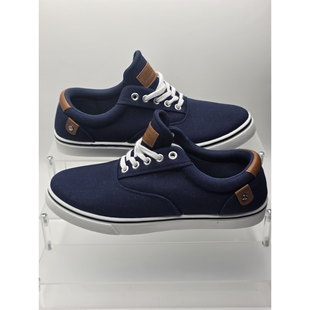 Lands End Mens Size 7 Casual Canvas Deck Sneakers Navy Blue Brown Leather